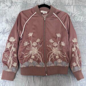 Dance & Marvel Embroidered Floral Dusty Rose Bomber Jacket Size Small Full Zip